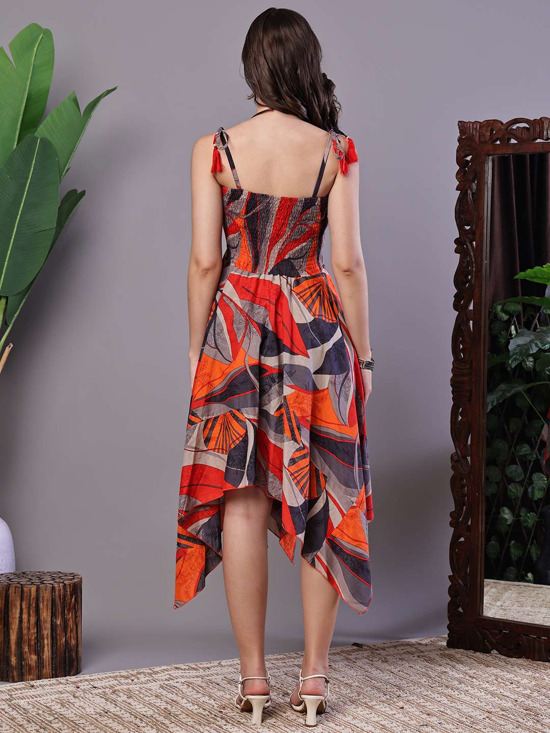 Women's Rust & Grey Abstract Print Cotton Handkerchief Hem Dress Midi Dresses - Image 2