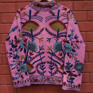 Womens Pink Velvet Embroidered Jacket with Floral Design